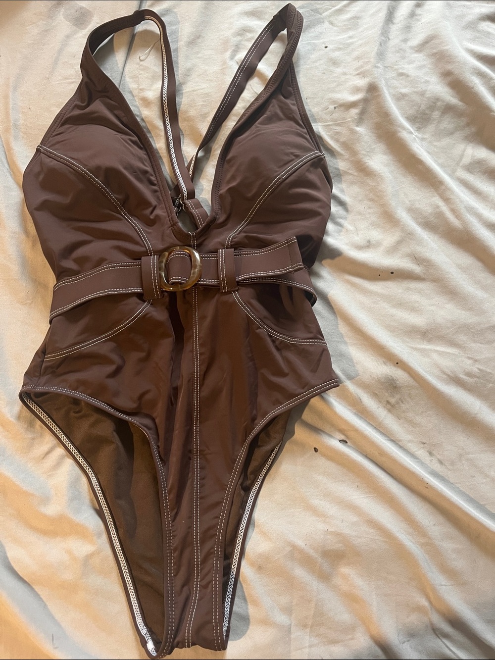 Brown One-Piece Swimsuit with Decorative Belt